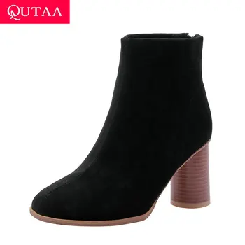 QUTAA 2020 Flock през цялата чорап свободно време ботильоны мода квадратен висок ток с цип елегантен Есен Зима Дамски обувки размер 34-43