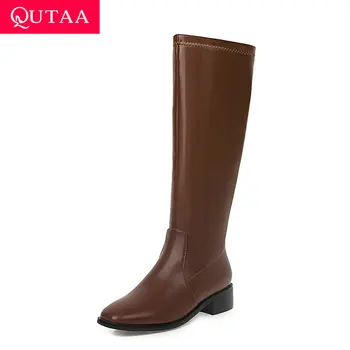 QUTAA 2021 Есен Зима ретро квадратен чорап цип Дамски обувки от изкуствена кожа квадратен ток всичко Мач коляното ботуши голям размер 34-43