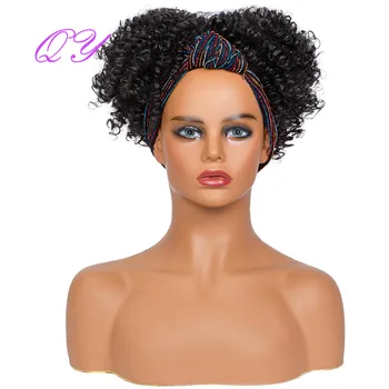 QY косата синтетична лента за глава с перука от естествен черен Culry цвят Wrap перука температура на косата влакна за африкански жени