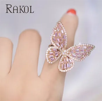 RAKOL New Fashion AAA Сладко Cubic Zircon Elegant Butterfly Open Ring for Women Luxury Bridal Wedding Party Бижута Bague 2021