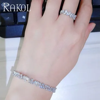 RAKOLLuxury AAA кубичен Циркон пръстен, гривна дамски комплект бижута на булката Годеж сватбена рокля данък злато ръчно изработени аксесоари RS03048
