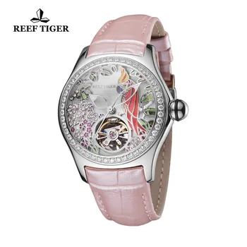 Reef Тигър/RT модни часовници за жени Кожена каишка водоустойчив автоматични часовници Diamond Tourbillon Watch RGA7105
