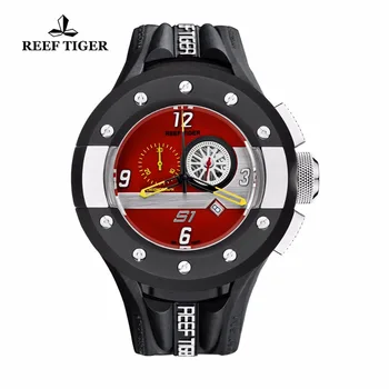 Reef Тигър / RT мъжки хронограф и спортни часовници Червено табло циферблат кварцов часовник с дата стомана, гума хронометър RGA3027