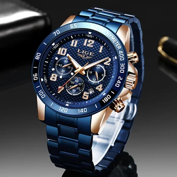 Relogio Masculino LIGE New Fashion All Blue Steel мъжки часовник календар седмица на дисплей часовник военни водоустойчив мъжки кварцов часовник