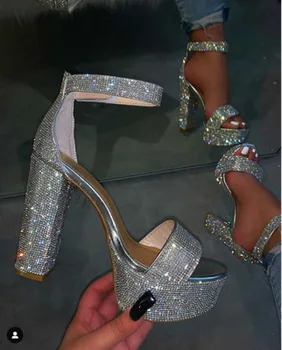 RIBETRINI New INS Hot Female Party Сиянието Shoes Woman Fashion Wedding Crystal Sandals Women Summer High Heels Evening Sandals