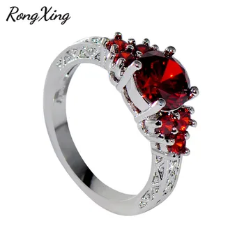 RongXing класически кръгъл червен кристал Цирконий годежни пръстени за жени сребърен цвят на раждане камък пръстен женски сватбени декорации