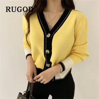 RUGOD корейски Нов стил шик V-образно деколте однобортный вязаный жилетка елегантен пуловер с дълъг ръкав зимни блузи за жени на мода