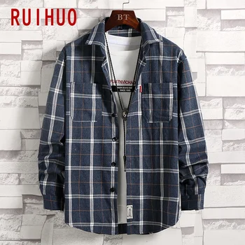 RUIHUO 2021 Нова пролет с дълъг ръкав клетчатая риза мъже Slim Fit памук интелигентни ежедневни ризи Мъжки дрехи модната марка върховете на M-4XL