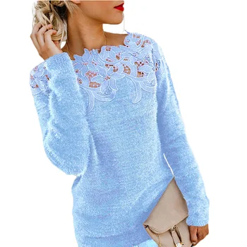 S-5XL дамски плътен цвят с дълъг ръкав O врата флорални дантели пуловер плюс размера на пуловер жени поло тънък пуловер пуловер