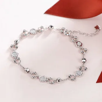 SA SILVERAGE 2018 Women Party Bracelets Real 925 Sterling Silver Fine Jewelry For Women Flower Bead Adjustable Линк окачване
