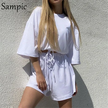 Sampic Fashion Summer White Casual Women Lounge Носете Set Short Sleeve Shirt Върховете And Loose Shorts Drawstring 2 Piece Set Outfits