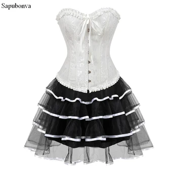 Sapubonva готически бурлеска корсет и пола комплект плюс размера на Хелоуин костюми викториански корсет рокли на партията цветя секси мода