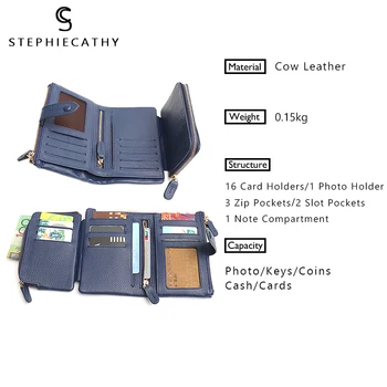 SC дамски портфейл естествена кожа мода къси дамски портфейл функционална карта на притежателя на съединителя за светкавица на монета чанта луксозни кожени Notecase