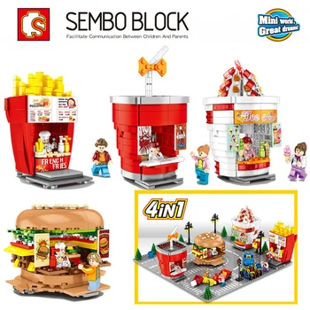 Sembo City Хамбургер Ice Cream Drink French Fries Snack Selling Store Building Blocks City Street View toys for children
