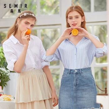 Semir mid-sleeved shirt women 2019 summer new V-образно деколте, риза hit color stripes свободни и удобни