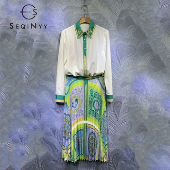 SEQINYY Vintage Set 2020 пролет есен нов дизайн на Модни дамски бяла риза + дълга плиссированная пола зелен жълт костюм с принтом цветове