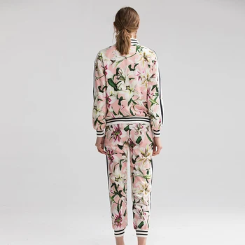 SEQINYY розов комплект 2020 есен моден дизайн дамски яке + еластичен колан midi панталони Романтични цветя, лилии печатни костюм