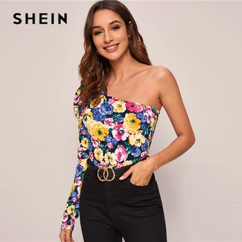 SHEIN Multicolor One Shoulder Gigot Sleeve цветен принт топ жените пролет лято Slim Fitted Секси Night out тениски