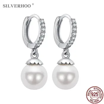 SILVERHOO сребро 925 обеци за жени префект имитация на перли през цялата блестящ CZ Stud обеци, елегантни сватбени декорации