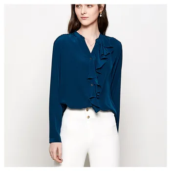 Silviye Коприна крепдешин V-образно деколте с дълъг ръкав риза с рюшами край blusas mujer de moda 2020