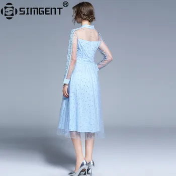 Simgent лук нова рокля мода елегантен офис жени бродерия Dot Mesh Midi Dress Vestidos Mujer Robe Femme Dropshipping SG99184