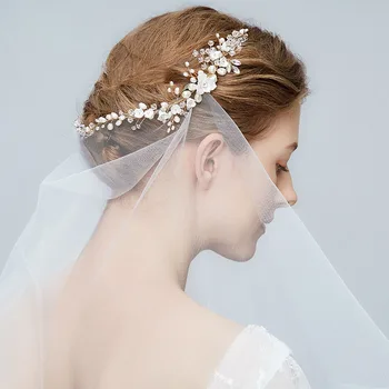 SLBRIDAL ръчно изработени кристали, кристали и сладководни перли и цвете сватба гребен за коса, лента за глава сватбени аксесоари за коса дамски бижута