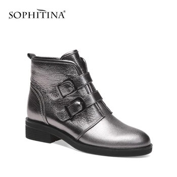 SOPHITINA жени квадратен ток ботильоны метални орнаменти кръг чорап коровья кожа ръчно изработени обувки с къса една плюшена подплата обувки B70