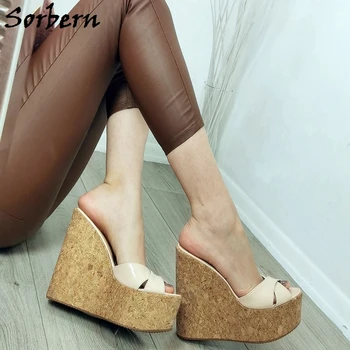 Sorbern 15 см сметана лакирани, чехли, сандали и летни обувки за жени платформа Клин корк като мулета Slip On плюс размер на 15 потребителски цветове