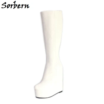 Sorbern Бяла Платформа Клин Коляното Ботуши Зимни Стил Обувки Жените Удобни Дамски Ботуши На Потребителски Цвят През Цялата Чорап Плюс Размер