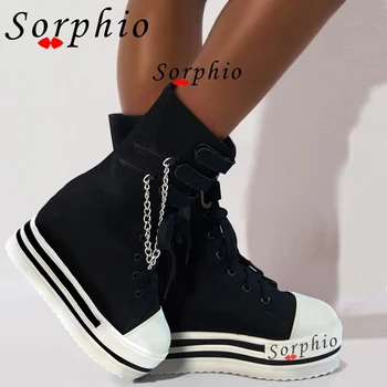 Sorphio New Fashion Chains Decorating Ботуши High Women 2020 lace-up Платформа High Top ботильоны увеличаване на растежа на обувки жена