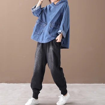 SOUL OF ТИГЪР New 2019 корея дизайнерска мода женски реколта риза с качулка дамски ежедневни свободни дънкови блузи зимни извънгабаритни върховете