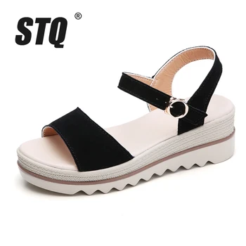 STQ дамски летни обувки 2020 сандали на платформа клинове дебел ток плоски сандали велур и кожени сандали Дамски сандали на платформа 575