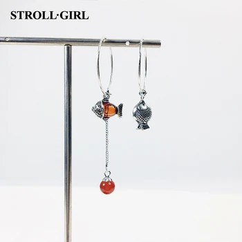 StrollGirl 2019 обеци винтажное сребро 925 проба Червен Камък риба асиметрични висящи обеци за жени, модни бижута