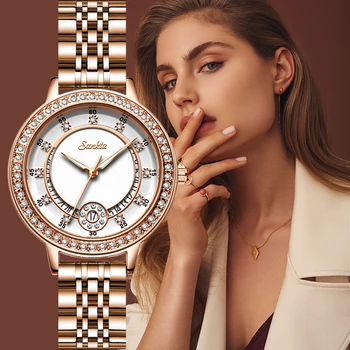 SUNKTA часовници за жени, мода, спорт дамски часовници е от неръждаема стомана водоустойчив часовник Диамант Кварцов ръчен часовник Reloj Mujer + Box