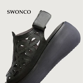 SWONCO Дамски сандали 2018 Лято естествена кожа дебела подметка Дамски обувки гладиаторски сандали дамски плосък нескользящая ретро Дамски обувки