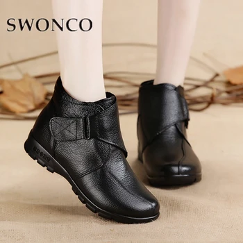 SWONCO есенни ботуши Дамски ботуши за зимата на глезена естествена кожа дами кука-контур плоски обувки мама ретро анти-хлъзгави зимни обувки