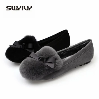 SWYIVY Women Flats Winter Shoes 2019 Natural Rabbit Fur Loafers Women Mocassin Female Slip On Shoes Flats Loafer Plus Size 43