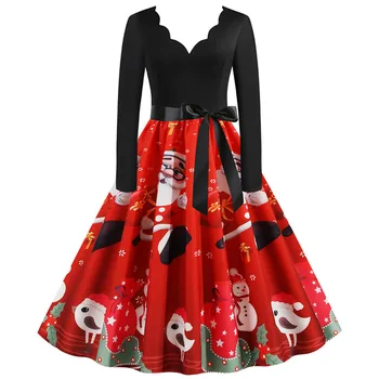 S~3XL плюс размера на жените зима Коледна рокля реколта Дядо печатни V-образно деколте с дълъг ръкав люлка Секси Коледно парти на фестивала рокля роба