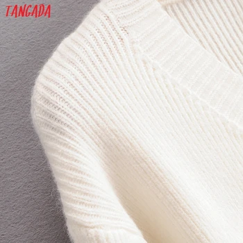 Tangada есен 2020 женски бял лук съкратен пуловер вълнен вязаный пуловер пуловер с v образно деколте и секси жилетка SY123