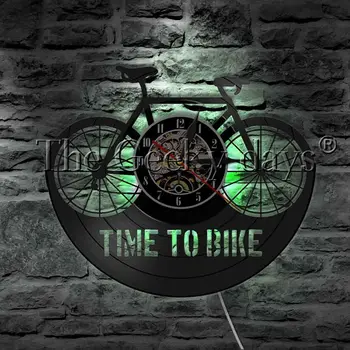 Time To Bike ретро велосипед LED Night Light Vinyl плоча стенни часовници планинско колоездене Колоездене модерна лампа декоративно осветление