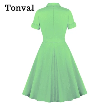 Tonval ретро стил папийонка на шията бутон нагоре елегантен midi плисирани рокли 2020 жени лято диагонални Хубаво 50-те години на твърди рокли