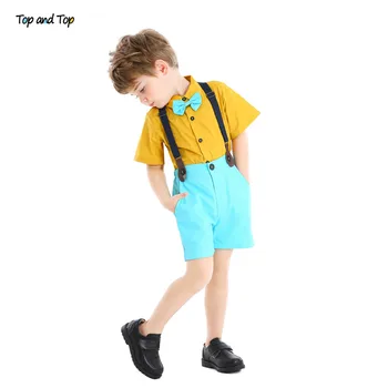 Top and Fashion Top Baby Boys Kids Gentleman Outfits Short Sleeve Bow Tie Shirt+Suspender къси панталони, бебешки комплекти дрехи за момчета