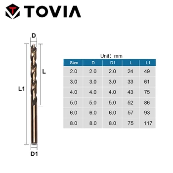 TOVIA 6pcs 2.0-8.0 mm Cobalt Coated Пробийте Bit Set HSS M35 Пробийте Bit Straight Shank Twist Пробийте Bit