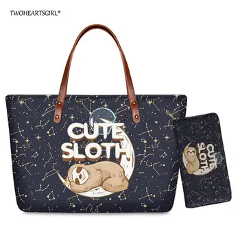 Twoheartsgirl Сладко Животните Sloth Print чанта, портфейл за жени ежедневни дамски чанта на рамото голям капацитет чанти с горната дръжка