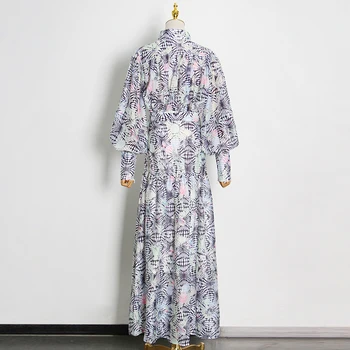 TWOTWINSTYLE Hit Color Printed Midi Dress For Women щанд яка фенер ръкав Висока Талия богемные рокли дамски Модни