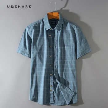 U&SHARK риза с къс ръкав лято Реколта човек раирана риза памук ежедневни мъжки дрехи свободен покрой червено зелено синьо каре карирани