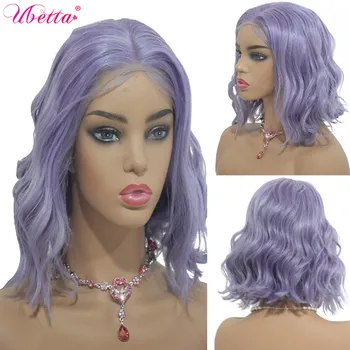 UBETTA Real Wigs, Hair Body Wave Боб Cut Real Virgin бразилски предни перука светло лилаво детски косата около човешки косъм дантела перуки