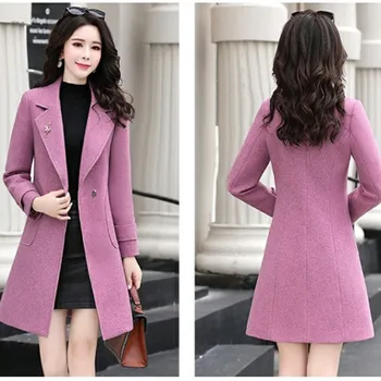 UHYTGF пролет есен вълна палто жени двубортный тънък дълга козина корейски свободни плюс размер яке жени качеството на вълна палто 317