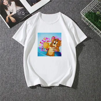 Ulzzang Harajuku Fun Tom Cat Mouse Jerry Сладко Short Sleeve-T-Shirt Summer New О-образно деколте Дамски тениска