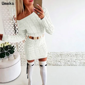 Umeko есен дамска мода с дълъг ръкав от рамото плътен вязаный пуловер мини рокля руно топли основните вечерни рокли плюс размер